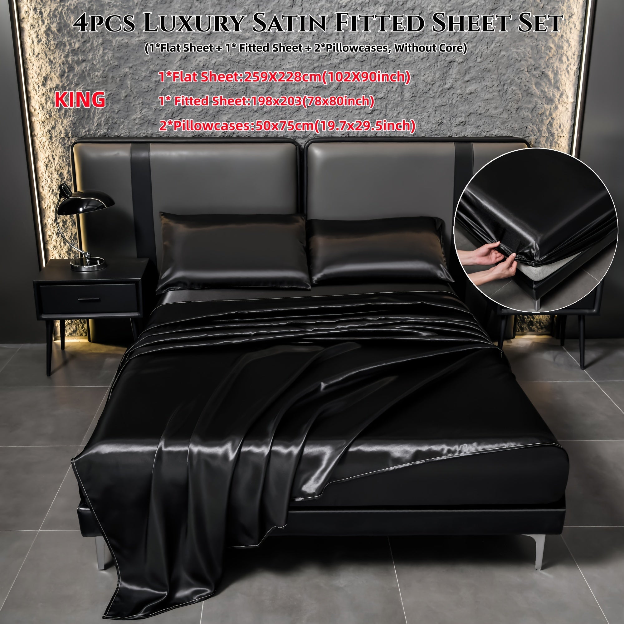 Juego de sábanas de satén de 4 piezas, reversible, transpirable, antideslizante, de color sólido para dormitorio, invitados, hotel