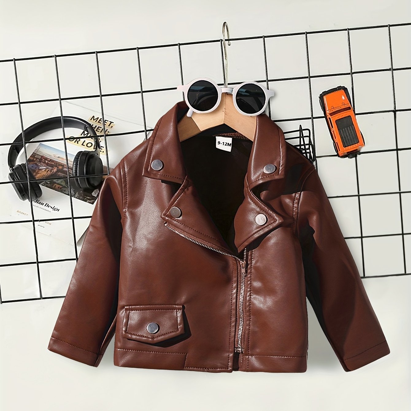 Kids Brown PU Jacket with Zipper, Lapel Collar, Faux Pockets for All-Season Casual Wear