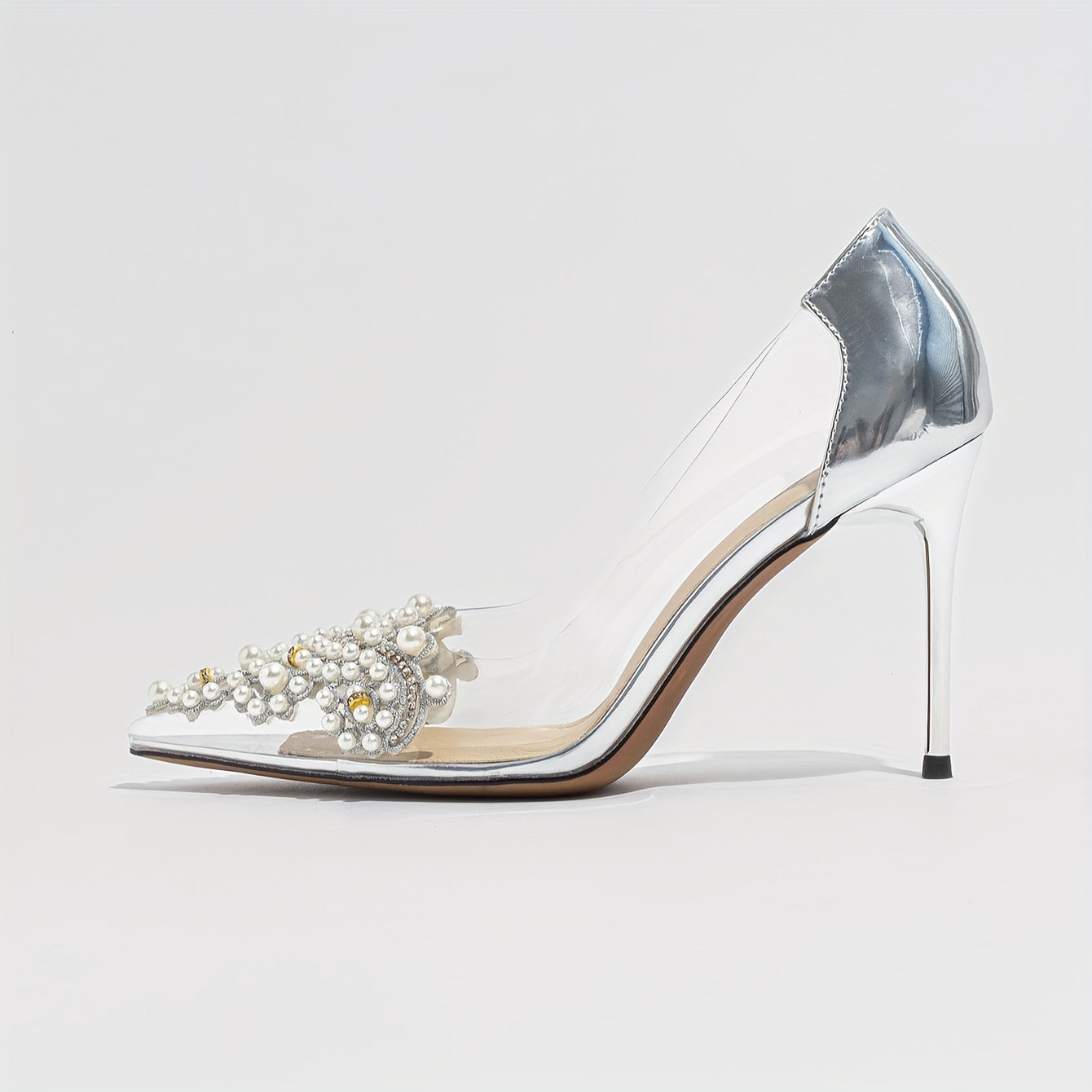 Women's Transparent Flower Decorated Pointed Toe High Heels Spring Autumn Wedding Shoes