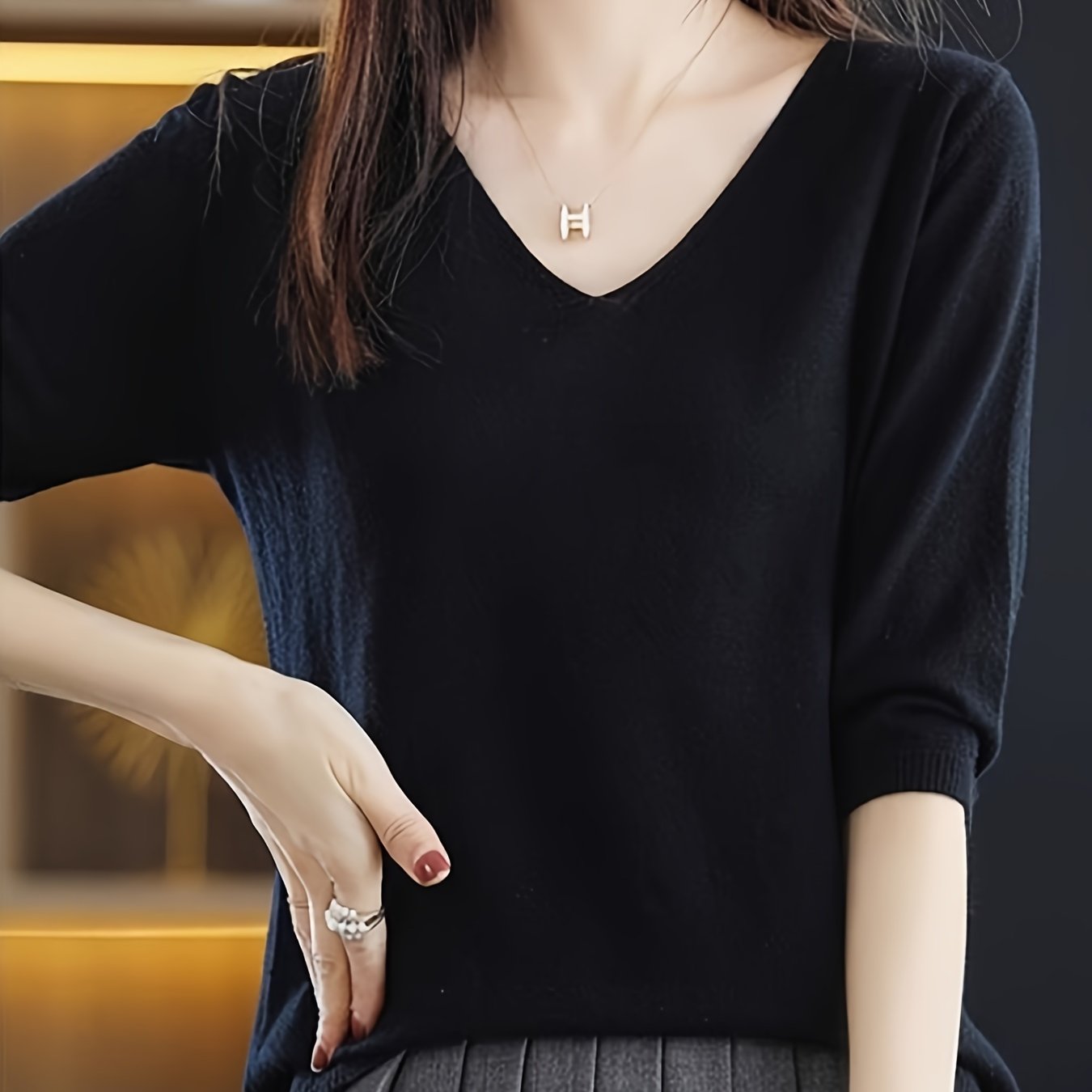 Women's V-Neck Sweater Solid Color Half Sleeve Knit Top for Spring Fall