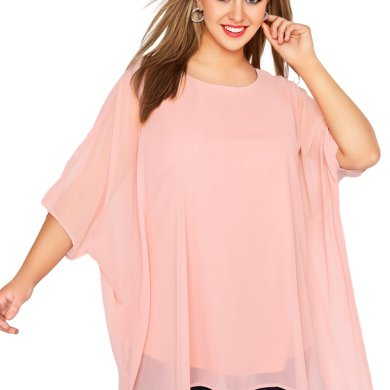 ayollar uchun katta o'lchamdagi batwing tunikasi, yengil polyester, uzun yengli bluz