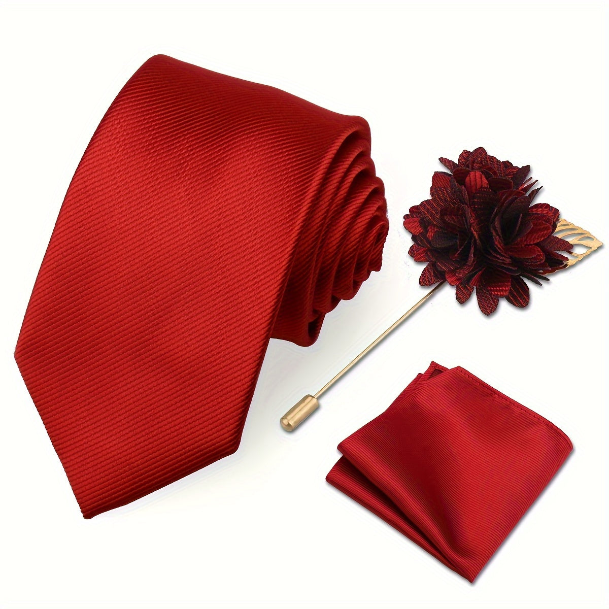 Men's Tie Set with Pocket Towel and Brooch, Classic Striped Plain Design