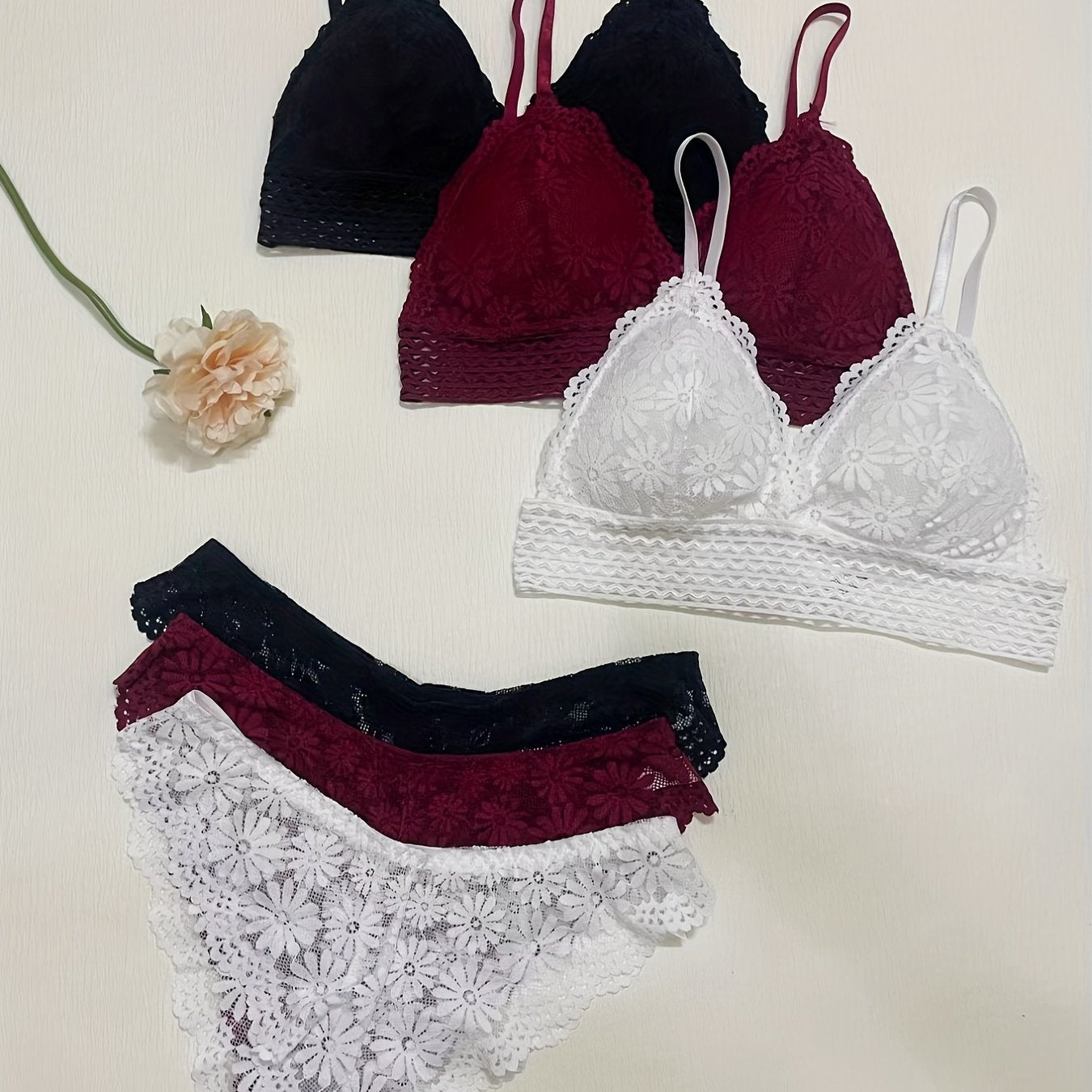 Women’s Lace Bra and Panties Set with Contrast Scallop Trim Mesh Lingerie