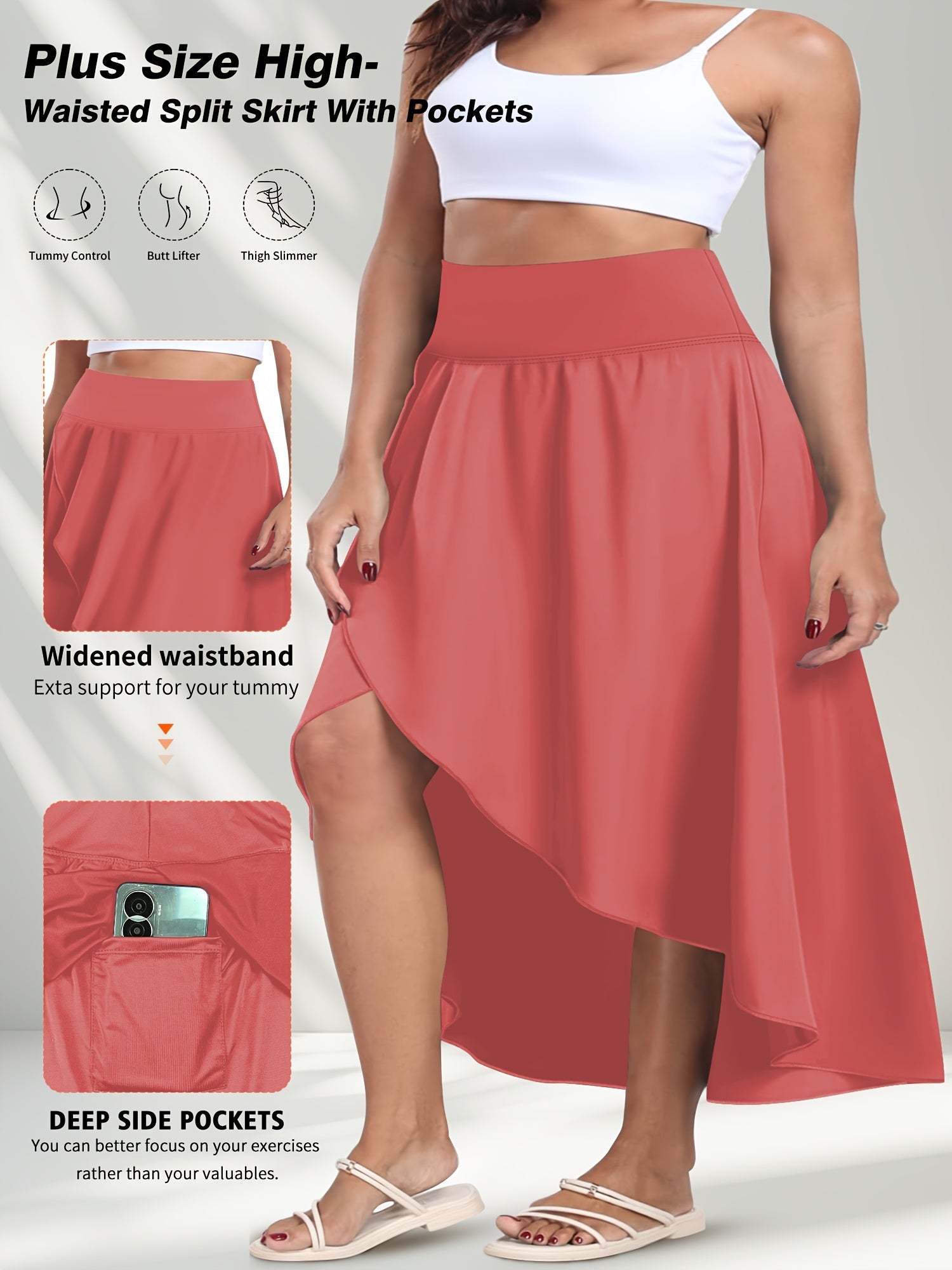Women's High-Waisted Midi Skort Pants with Pockets and Quick-Dry Fabric