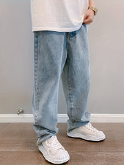 Jeans de algodón de pierna ancha para hombre con bolsillos, tiro medio, corte holgado, para todas las estaciones