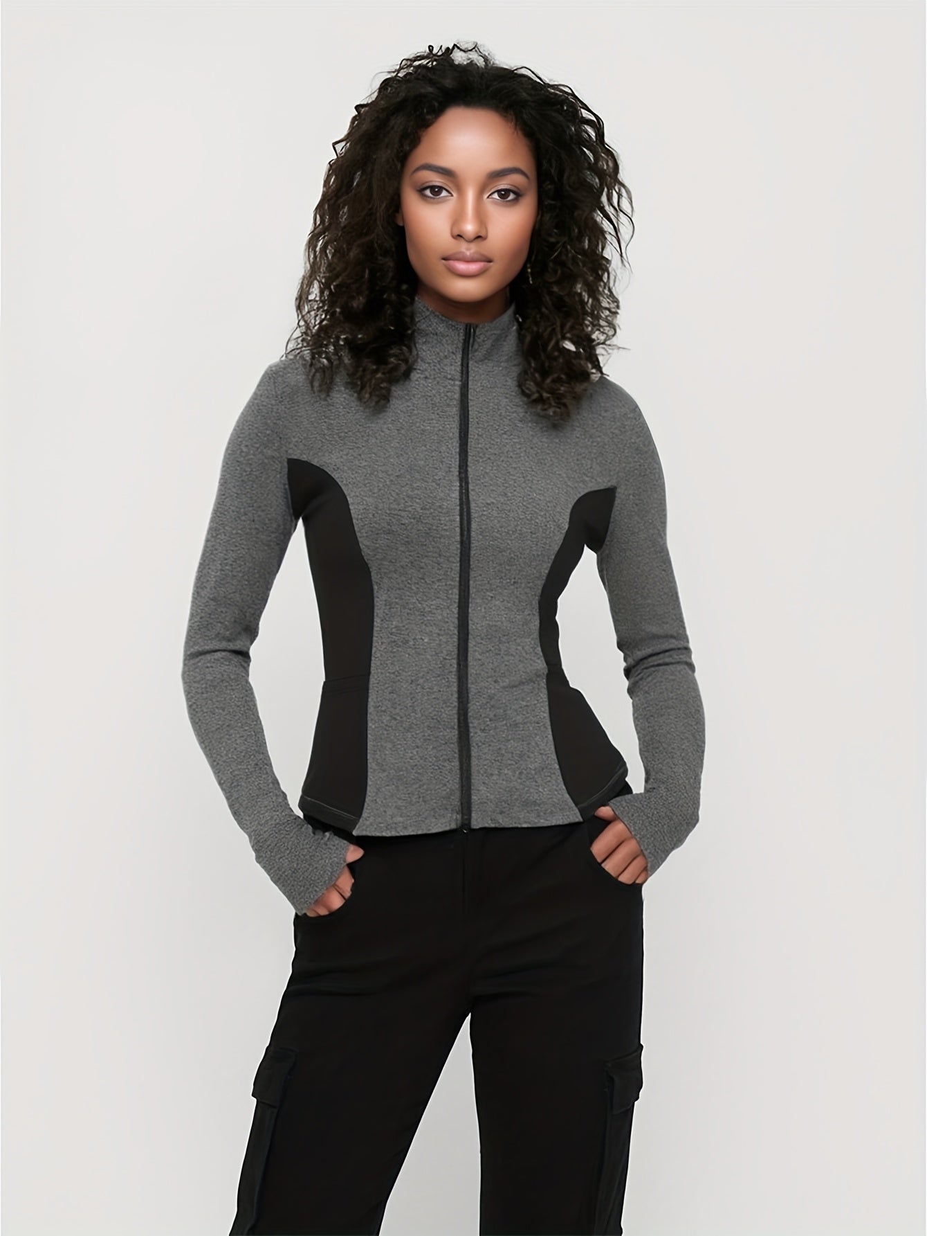 Plus Size Athletic Jacket Womens Breathable Stretchy Running Zip-Up Black Gray