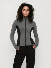 Chaqueta atlética de tallas grandes para mujer, transpirable y elástica, con cremallera para correr, negra y gris