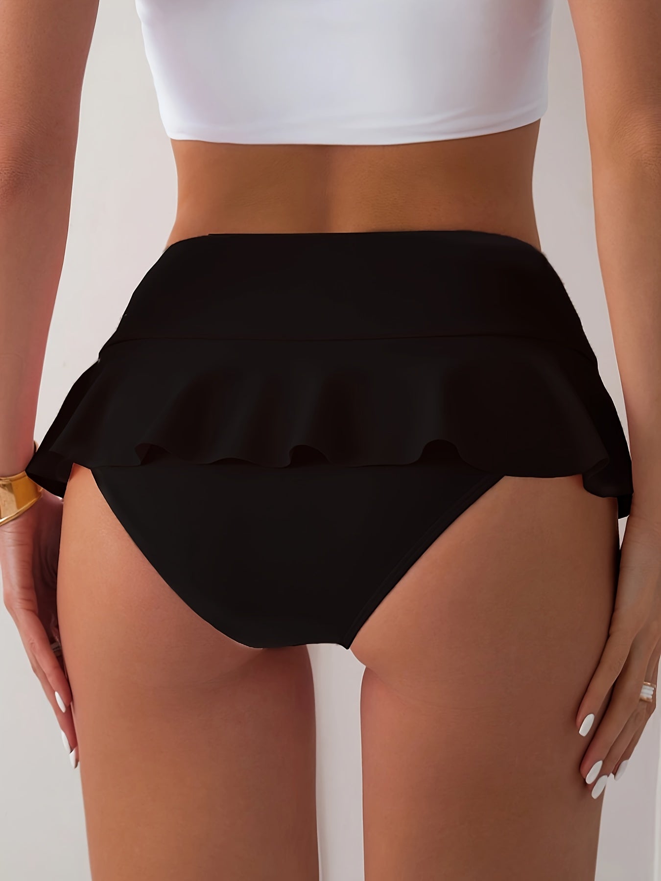 Women's High-Waist Ruffle Bikini Swim Shorts Solid Color Stretch Polyester for Summer Beach