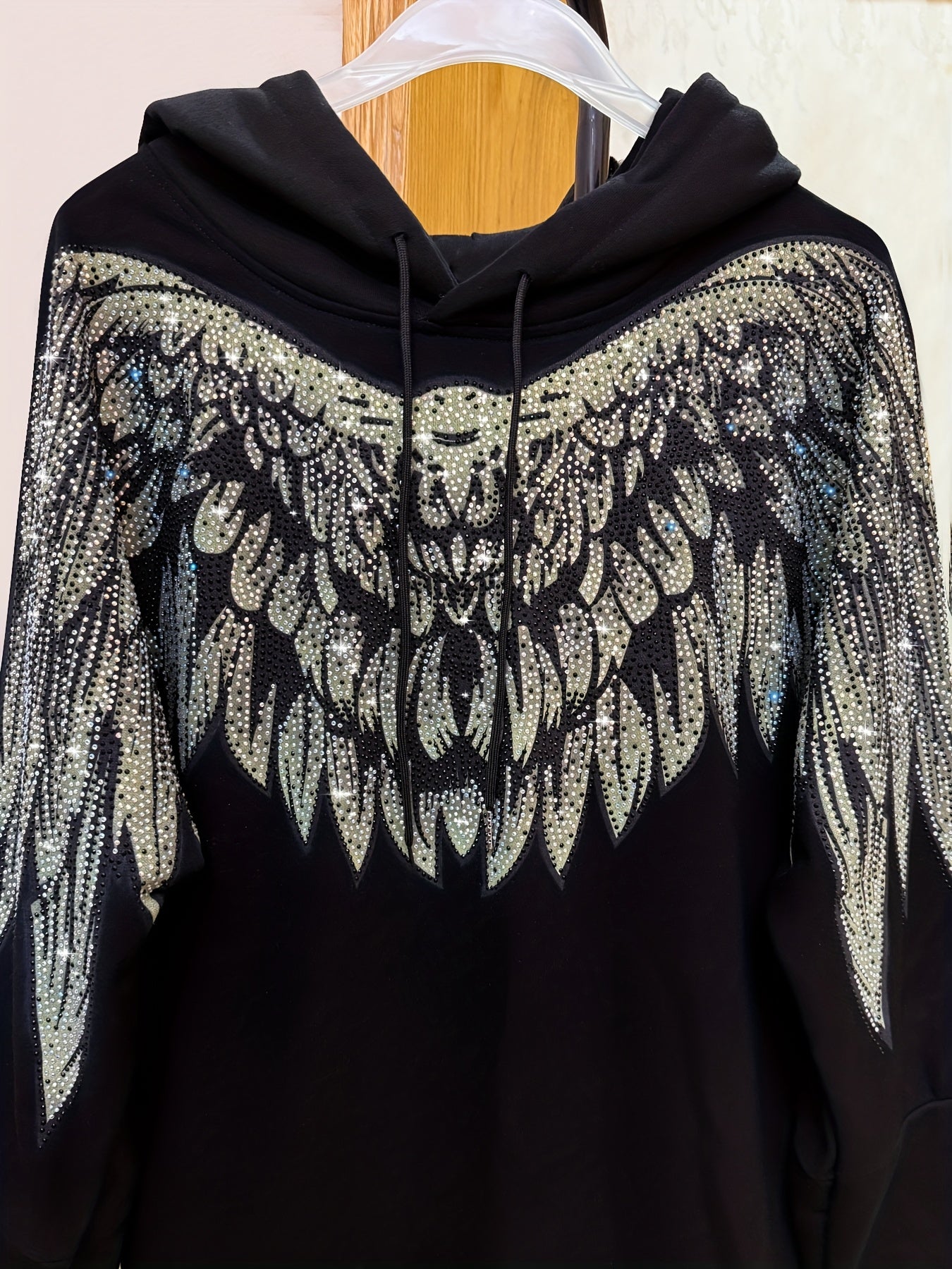 Plus Size Hooded Sweatshirt for Women with Rhinestone Embellishments Casual Spring Fall