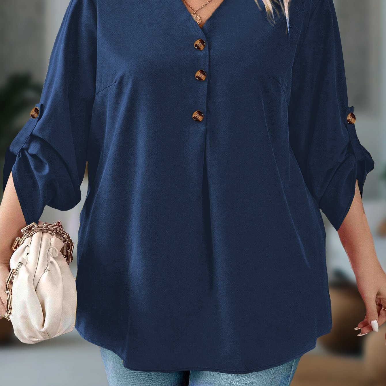 Plus o'lcham ayollar uchun V-yuqa kofta uzun qollik nafis to'liq rangli kundalik rasmiy