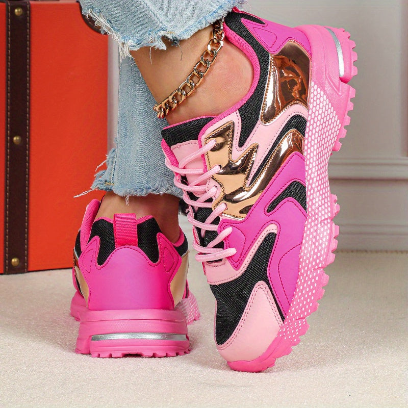 Women's Casual Sneakers Vibrant Pink and Black Clunky Street Style Shoes