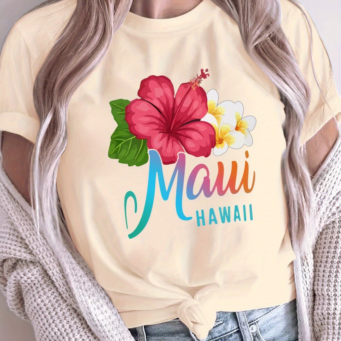 Women's Plus Size Loose Fit Hibiscus Floral T-Shirt Polyester Breathable Summer