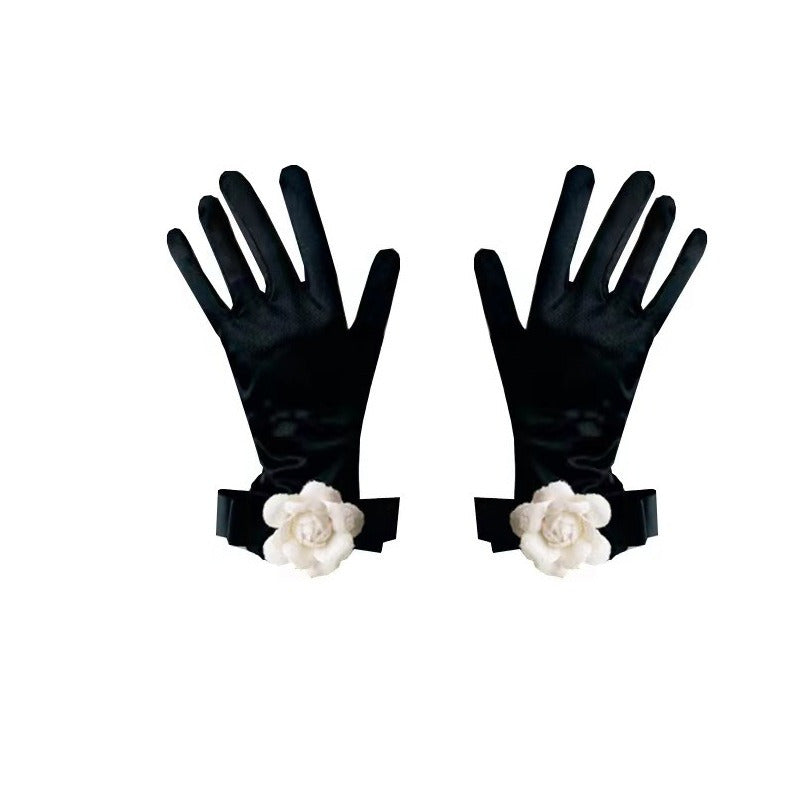 Black Evening Gloves for Women with Floral Cuff Polyester Spandex Blend Elegant Handwear