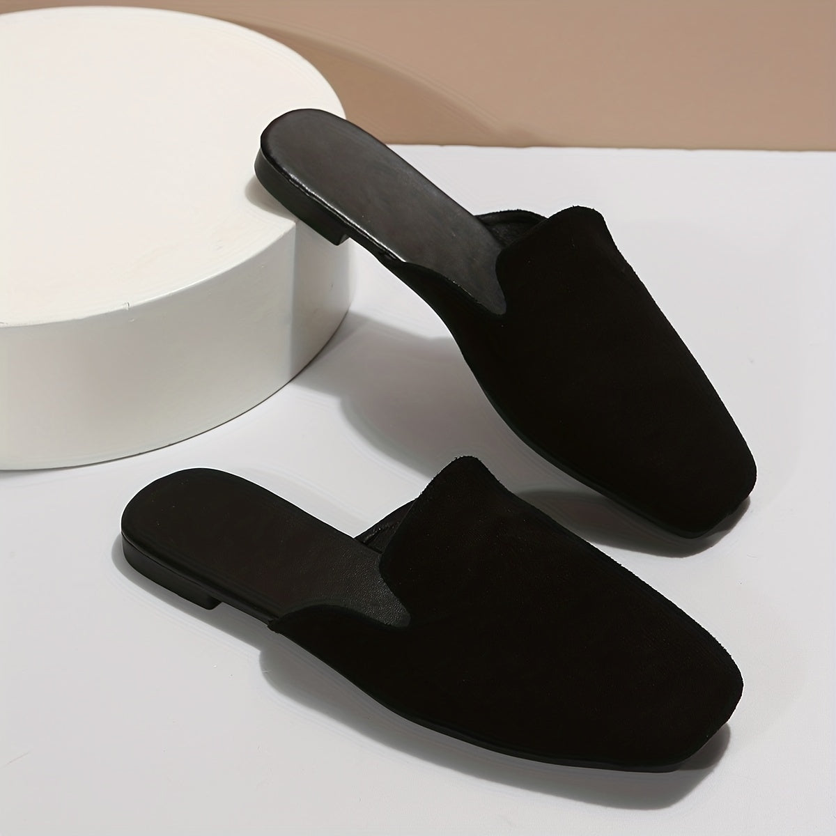 Women's Black Cover Slip-On Mules Flat Shoes with Rubber Sole