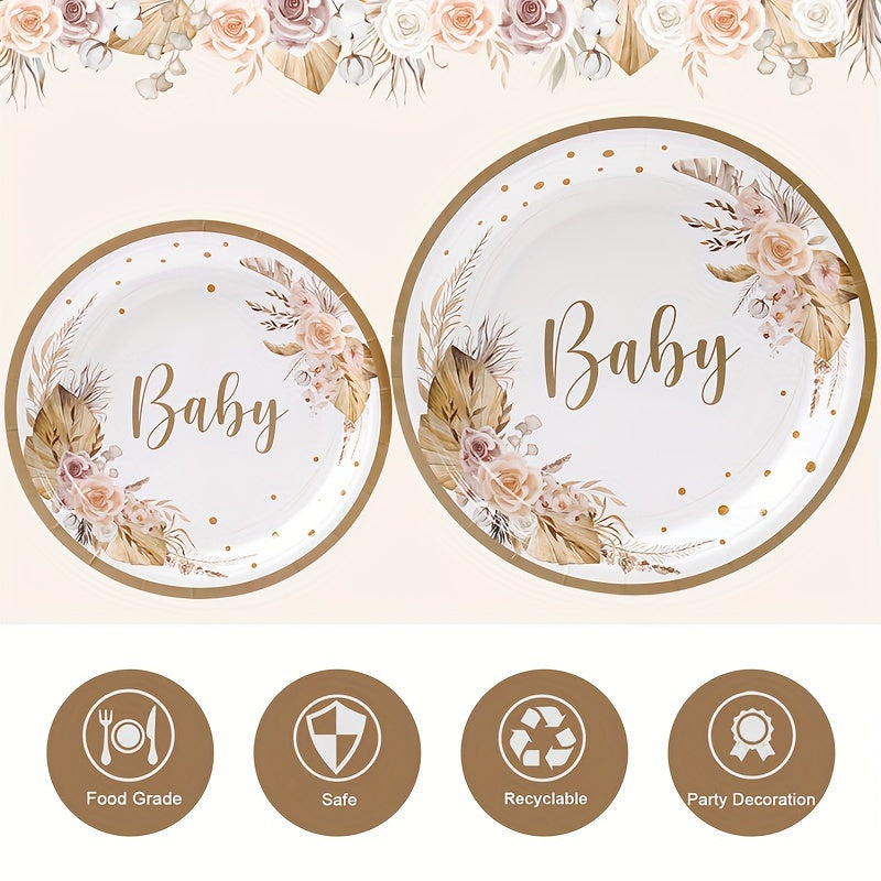 Boho Baby Shower Tableware Kit for 8 Floral Paper Plates Napkins Cups