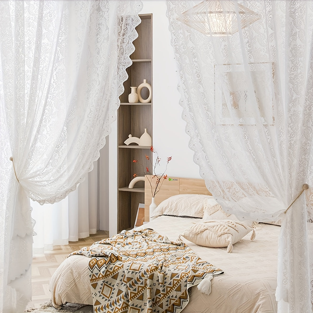 Sheer Lace Curtain with Small Flower Bead Design White for Living Room Bedroom Dining Room