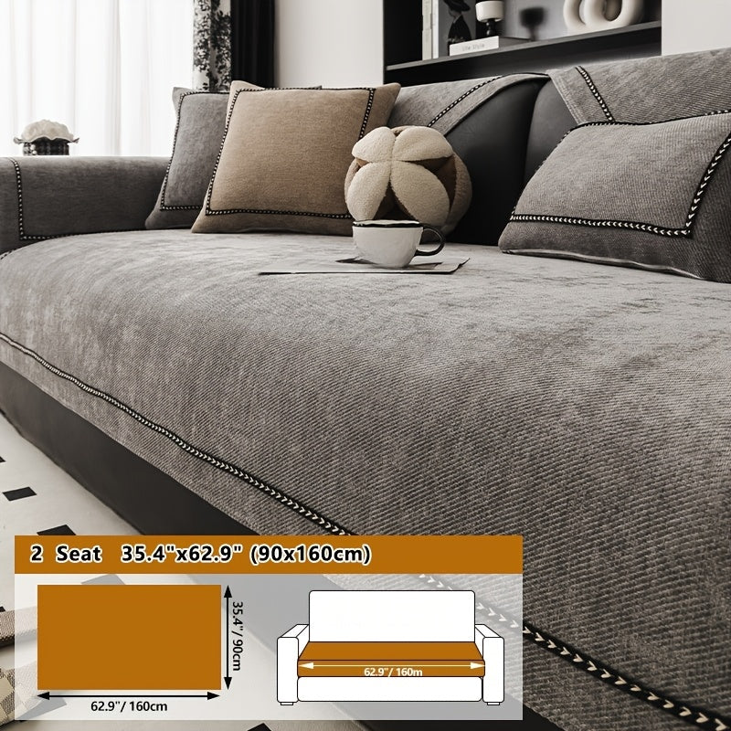 Chenille Sofa Cover with Lace Trim Non-Slip All-Season Furniture Protector Machine Washable