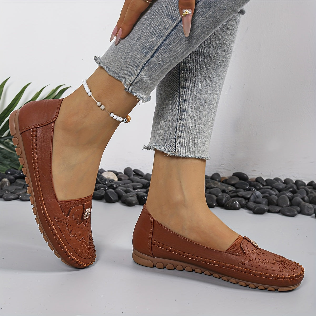 Women's White Embroidered Slip-On Loafers with Gold Accents