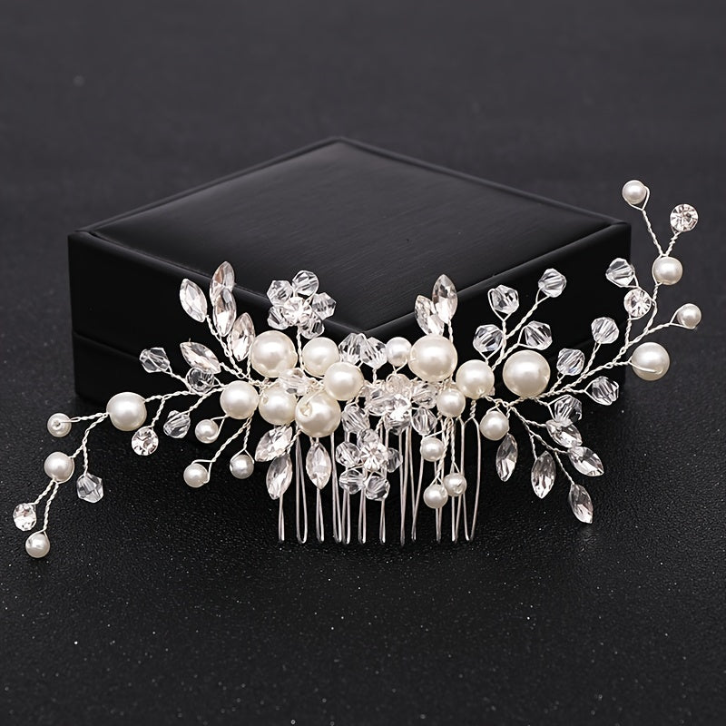 Silvery Hair Comb with Faux Pearls and Rhinestones for Wedding Bridal Hair Accessories