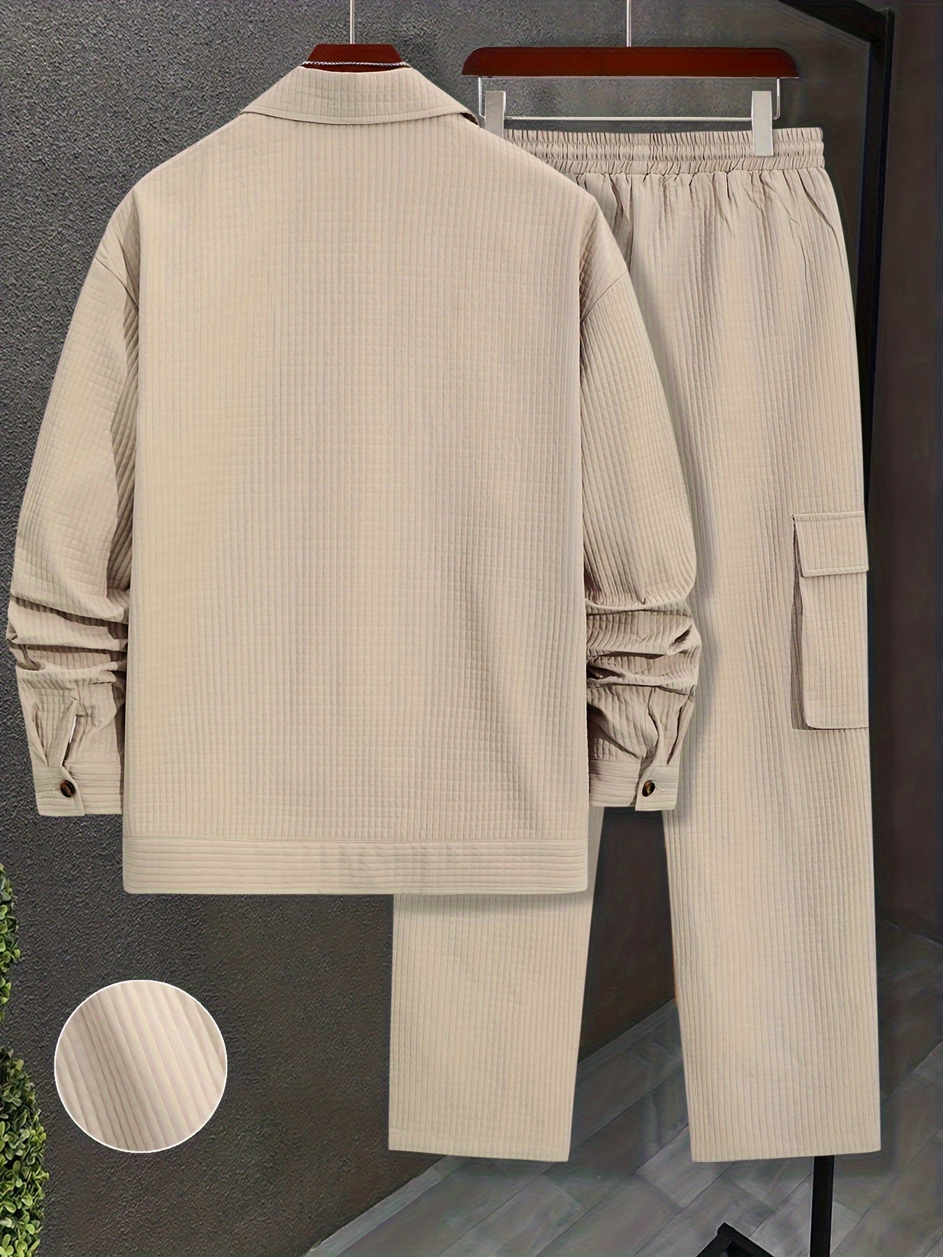 Men's Solid Color Polyester Long-Sleeved Shirt and Drawstring Casual Pants Set