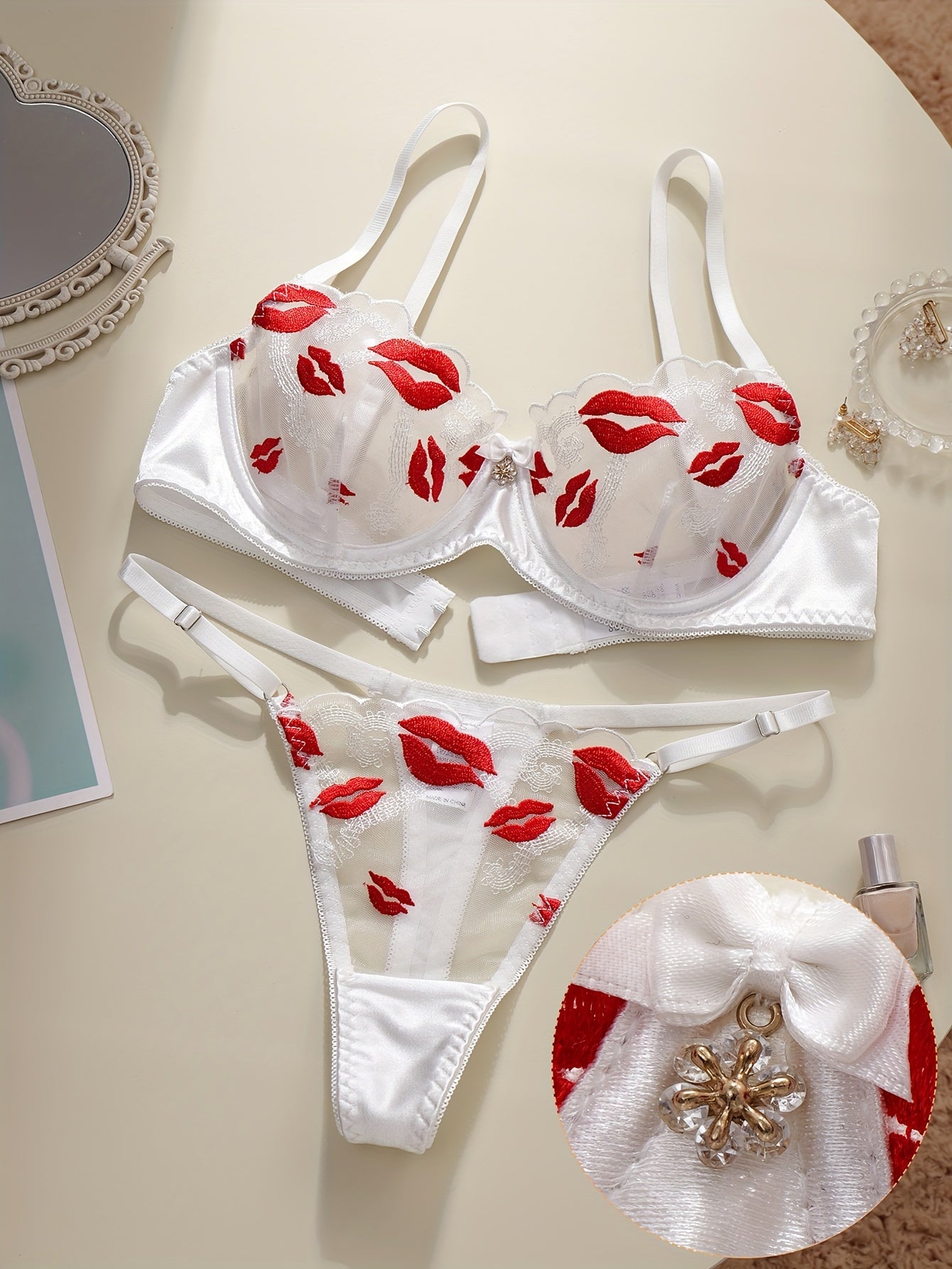 Women's Floral Embroidered Lingerie Set with Lips Pattern Polyester Knit Bralette and Thong