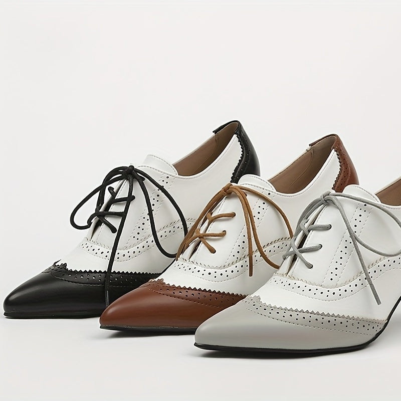 Women's Lace-Up High Heels Black White Brown Pointed Toe Pumps