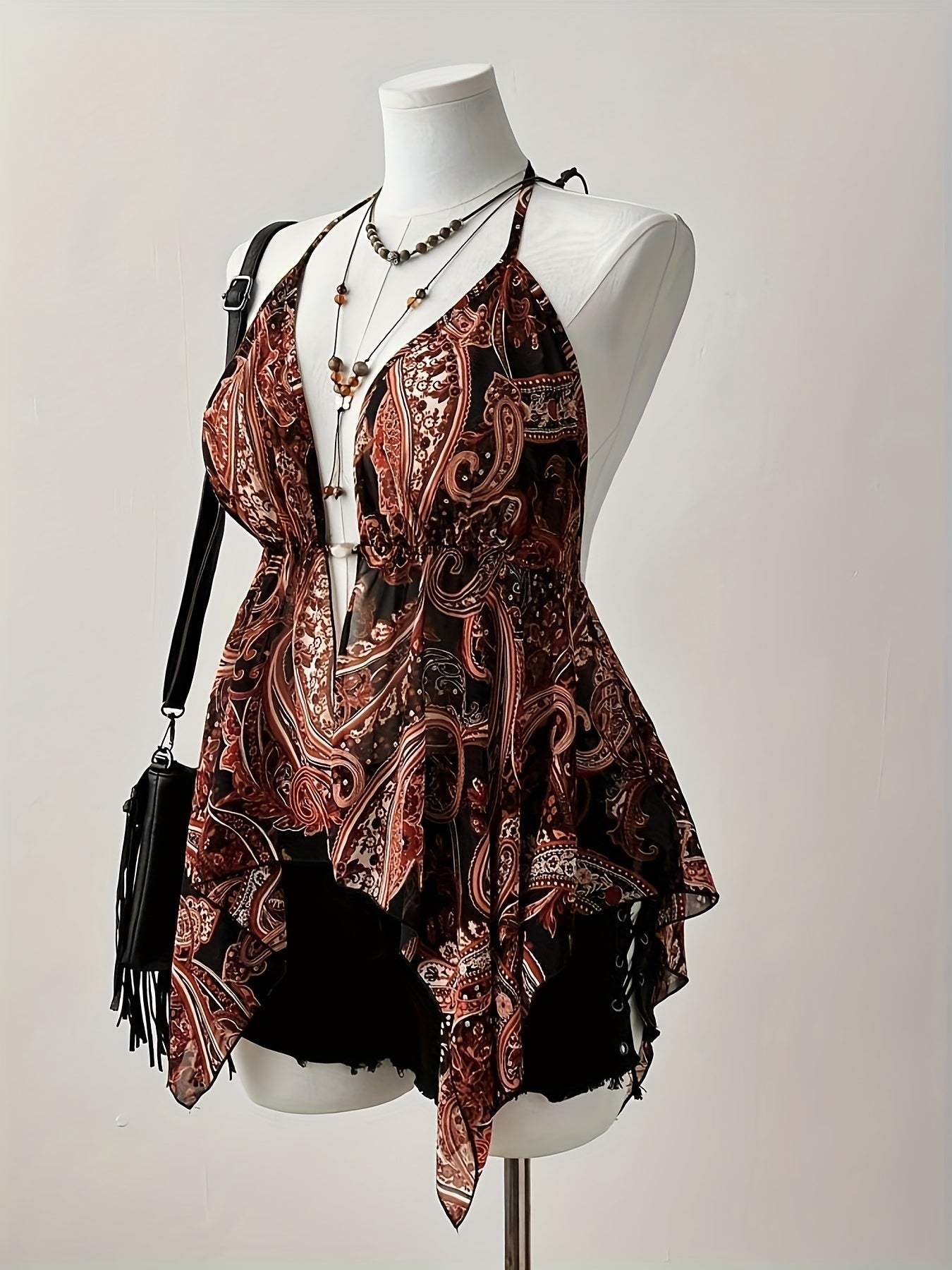 Plus Size Women's Beaded Spaghetti Strapless Top V-Neck Geometric Pattern