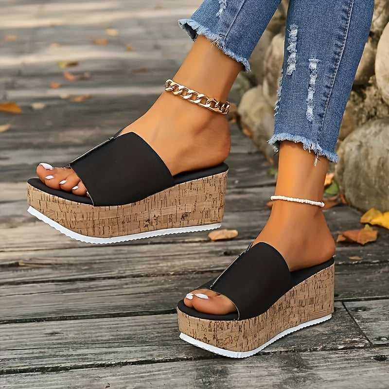Women's Wedge Sandals PU Open Toe Slip-On Platform Heels for Summer Beach Casual