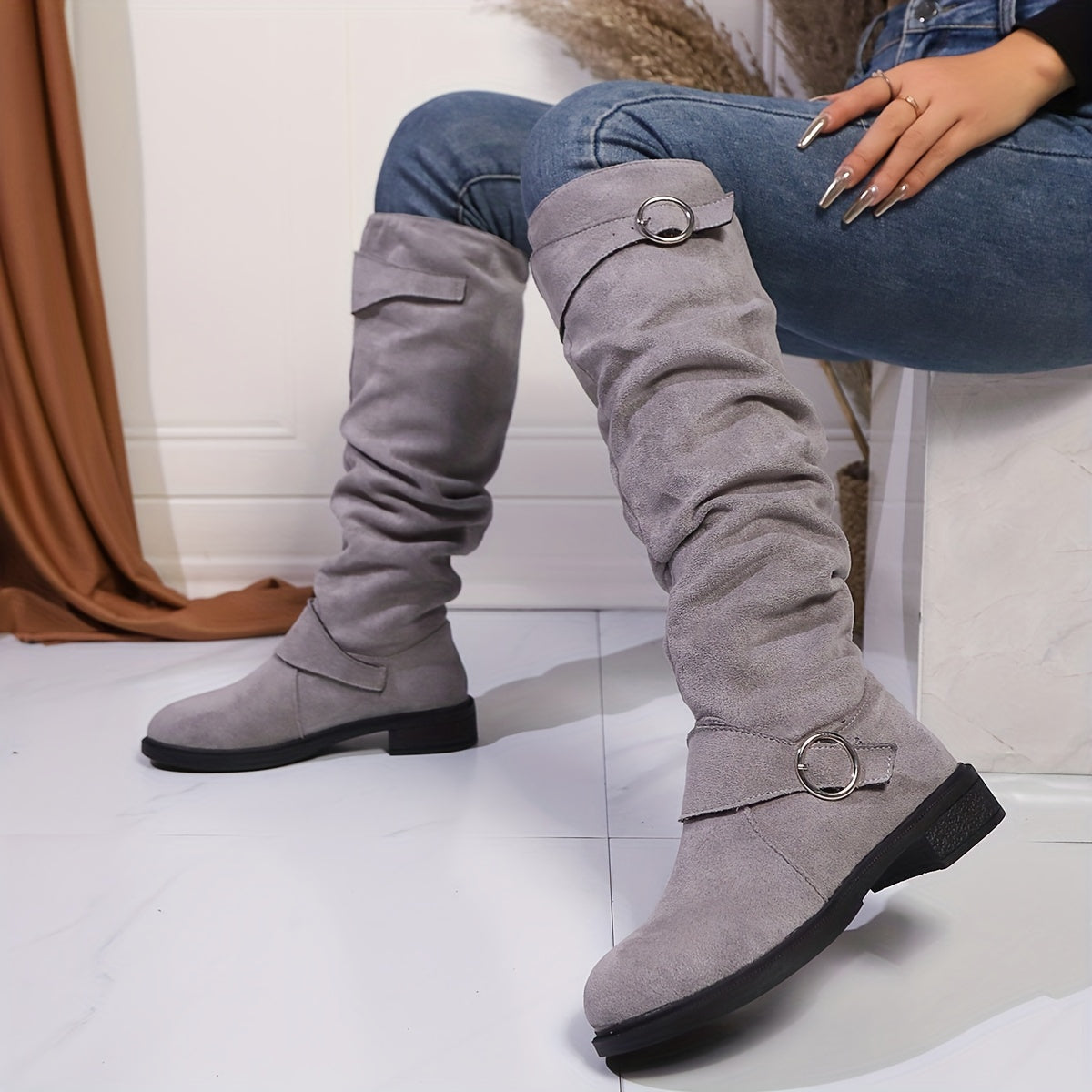 Women's Velvet Knee-High Boots with Buckle, Solid Color, Low Heel