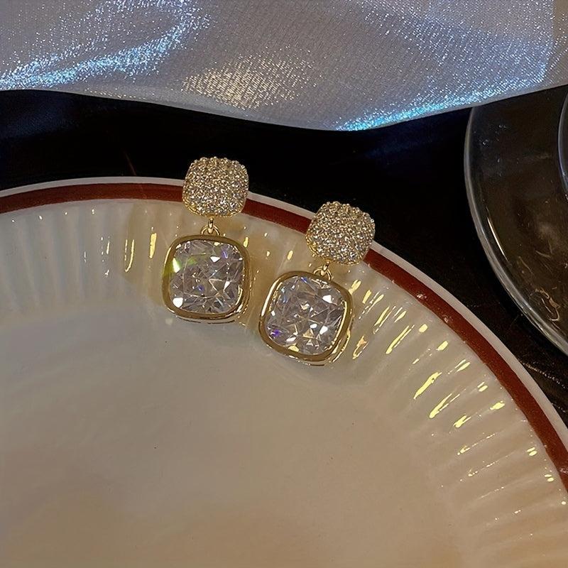 Women Geometric Square Rhinestone Crystal Stud Earrings Zinc Alloy Stainless Steel Posts Jewelry