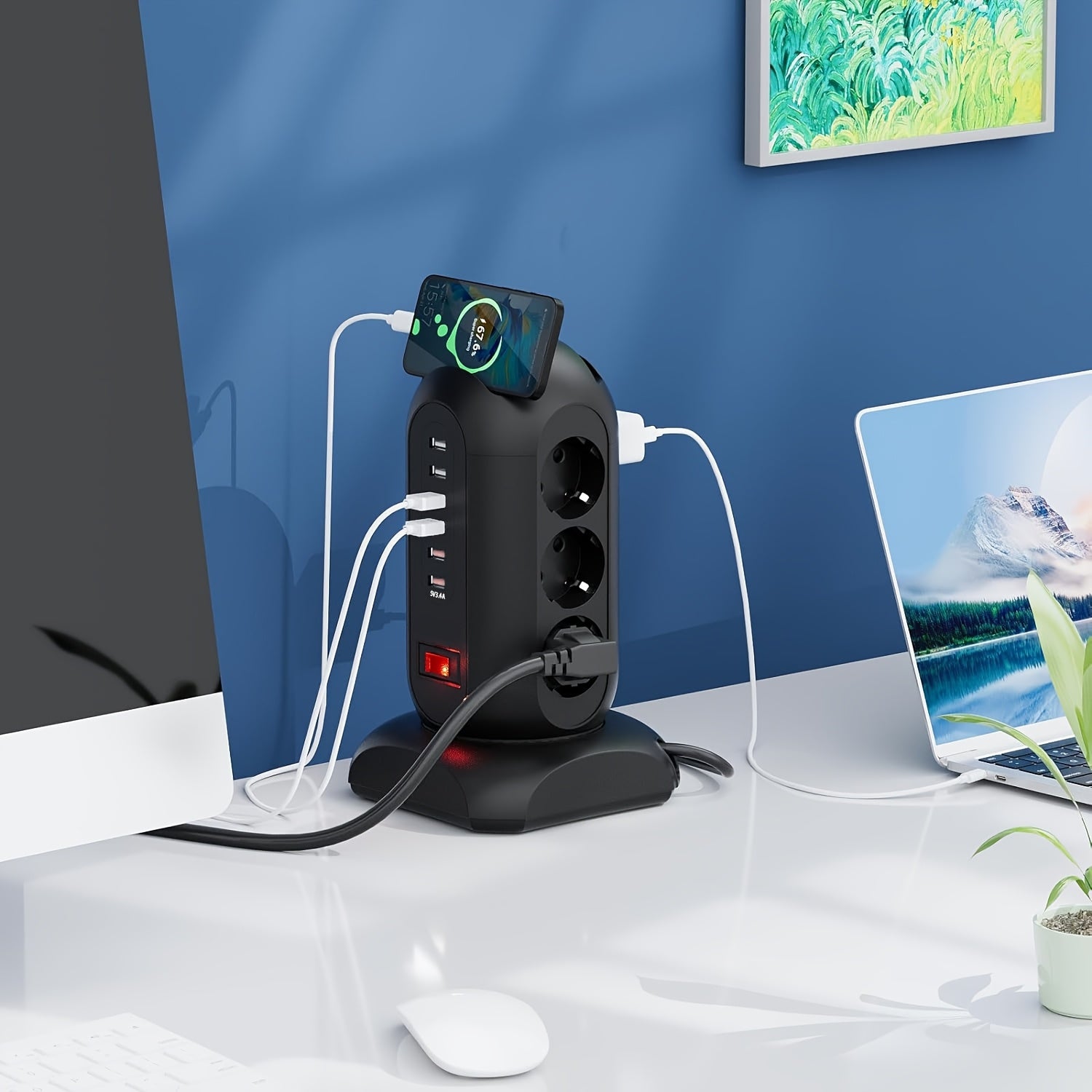 Regleta de corriente EU Tower con 9 tomas de corriente AC y 6 puertos USB, cable de 1.8 m, protección contra sobrecargas