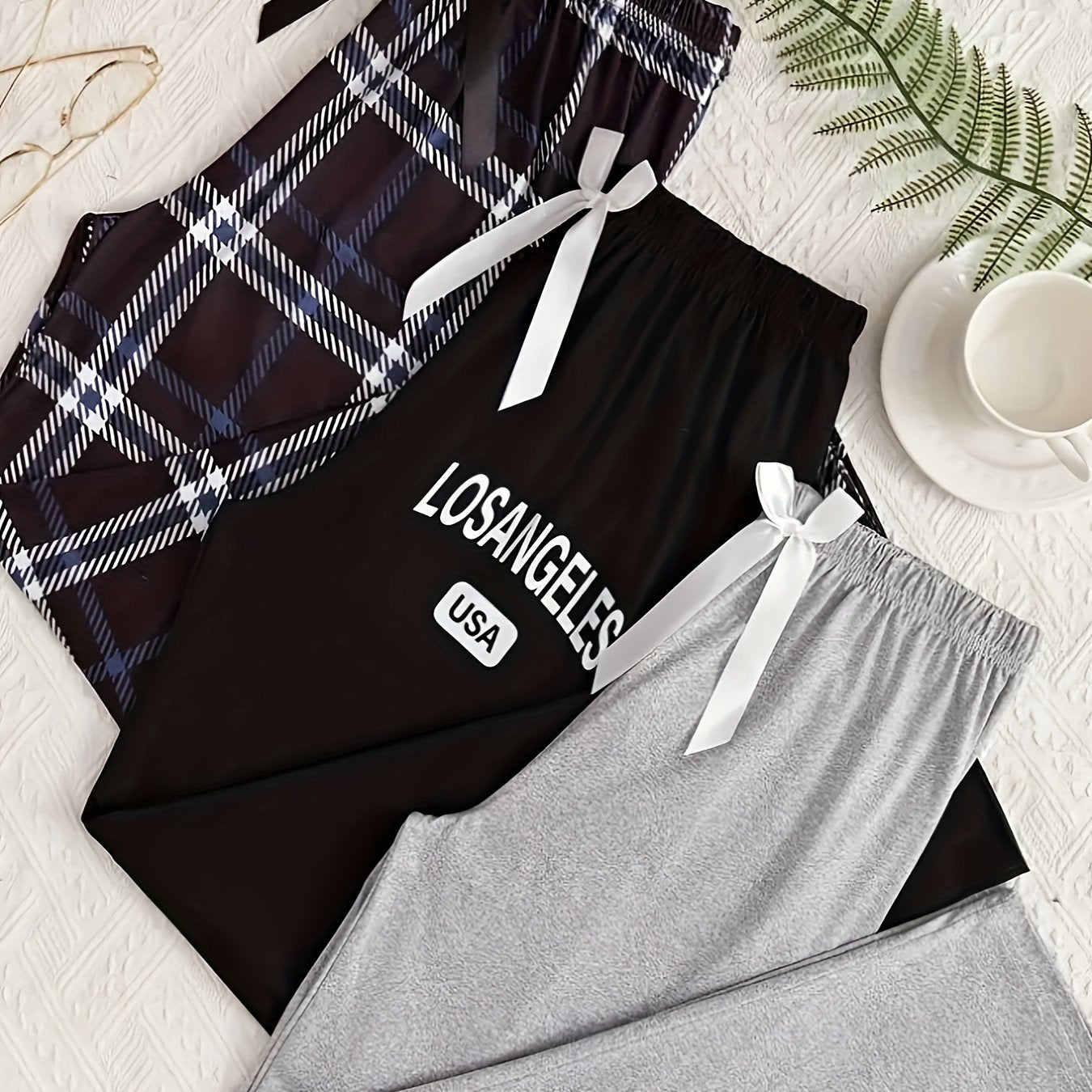 Plus Size Lounge Pants Women Letter and Plaid Print with Bow Elastic Waistband Set of 3