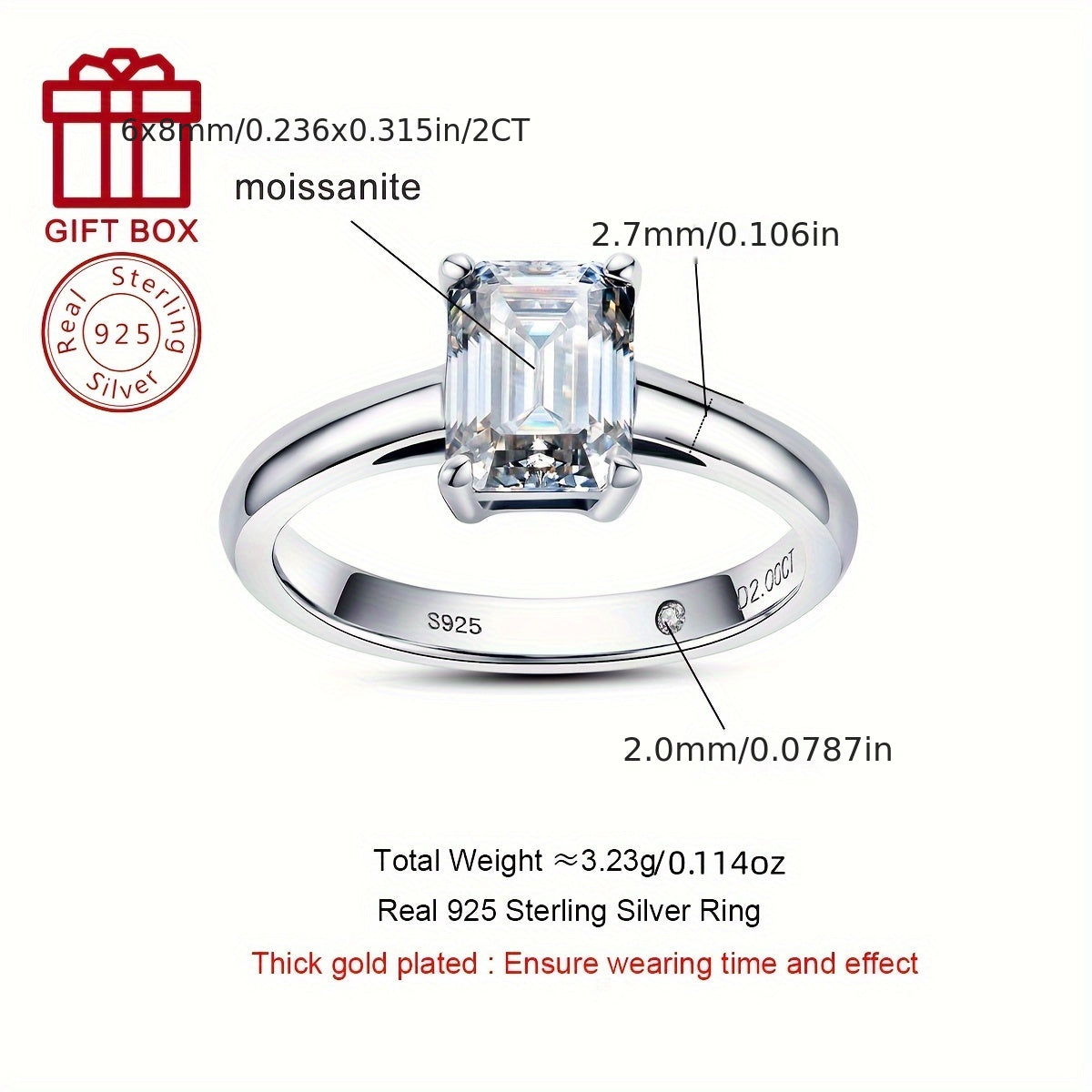 Sterling Silver 2CT Emerald Cut Moissanite Engagement Ring for Her