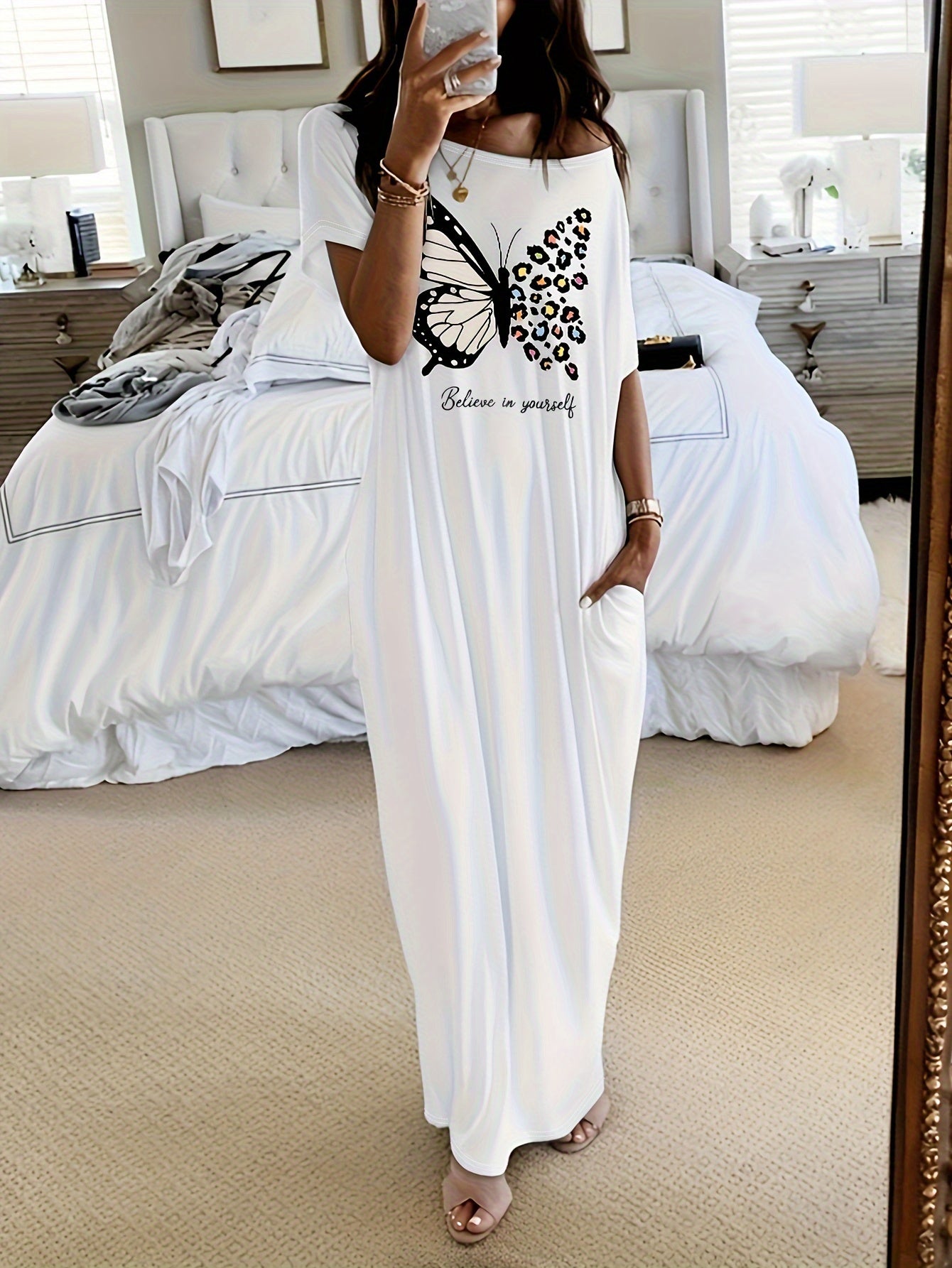 Butterfly Print Lounge Dress for Women Short Sleeve Casual Homewear