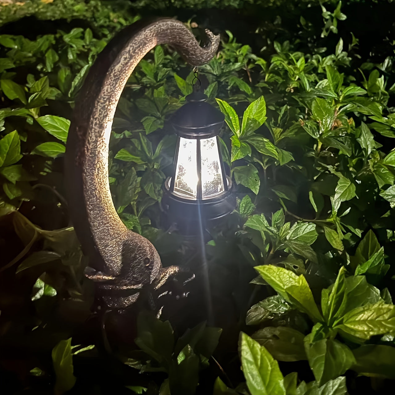Solar-Powered Elephant Garden Lights Rustic Resin Outdoor Sculpture with Black Metal Lanterns