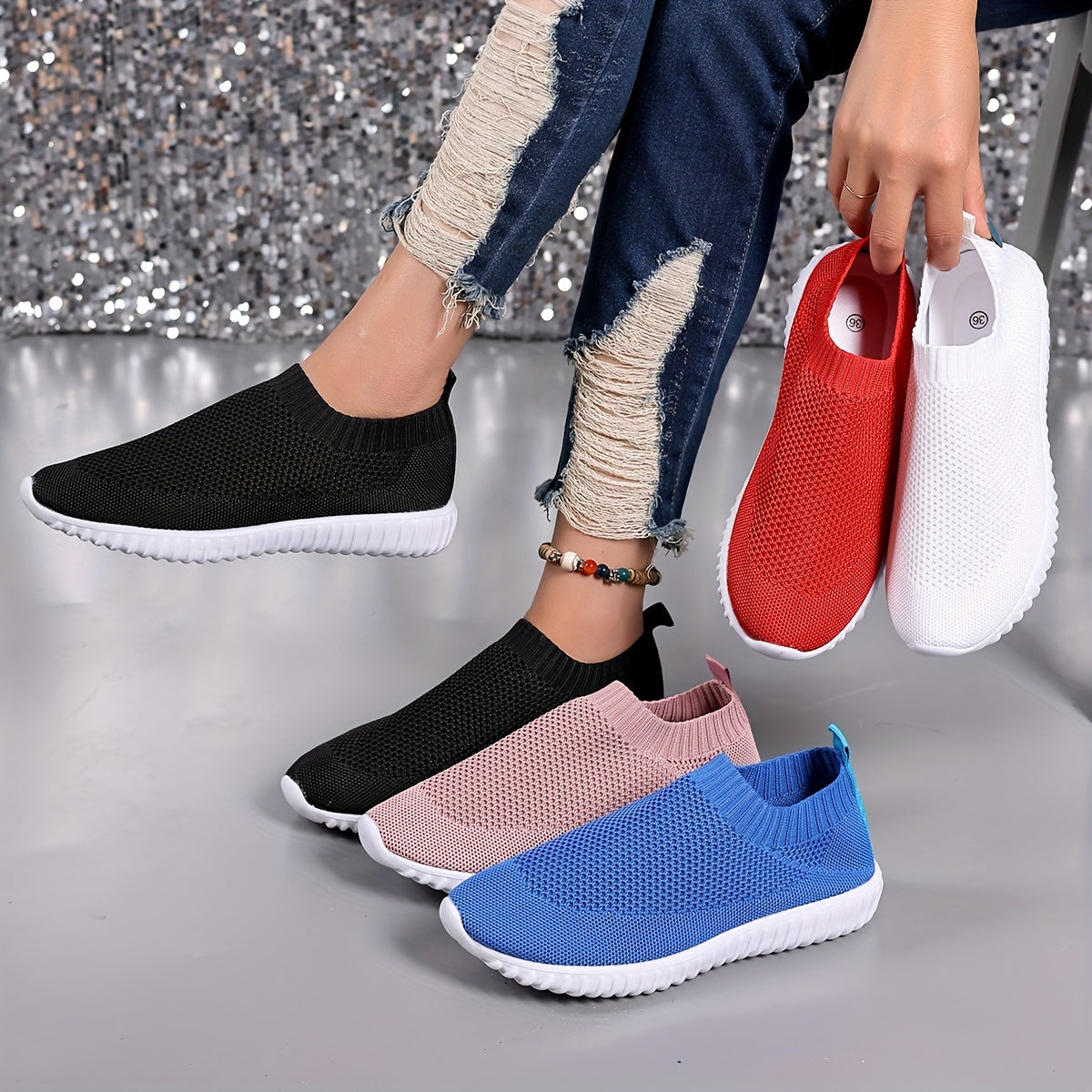 Women's Knit Slip-On Sneakers Casual Breathable Shoe All-Season Comfort