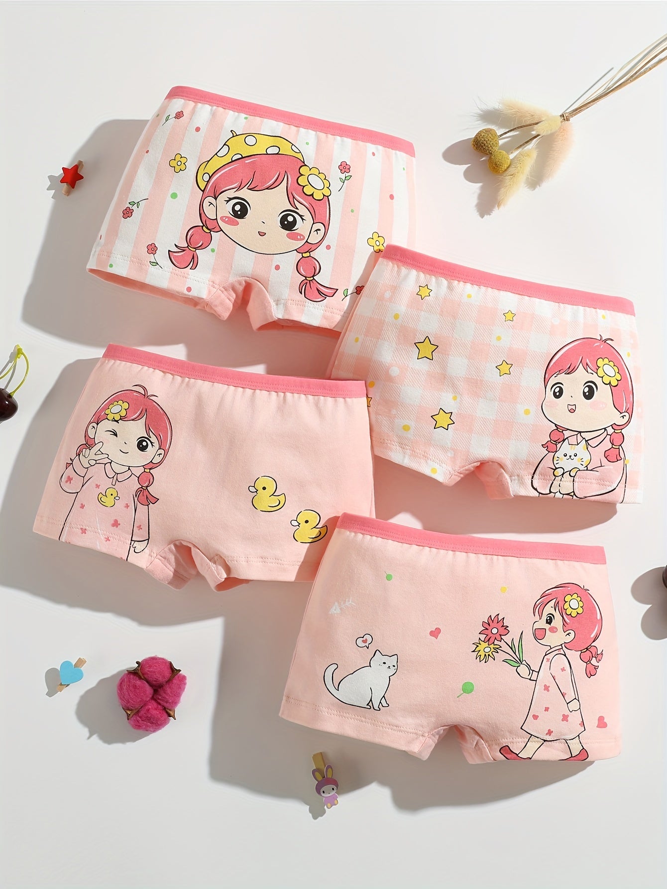 Girls Cotton Boxer Briefs 4 Pack with Cartoon Pattern Flat Leg Underwear