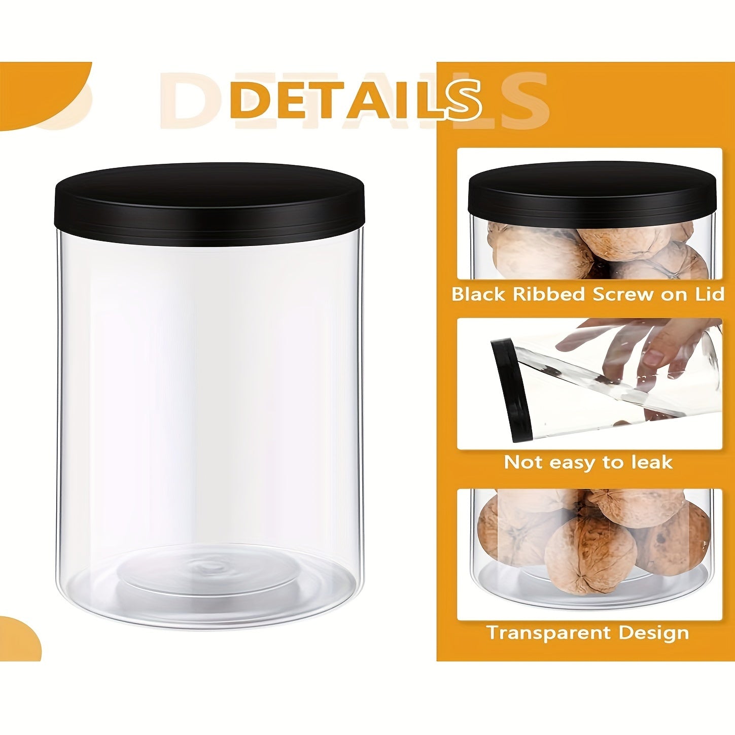 Set of 6 43oz Clear PET Food Storage Jars with Black Lids Wide Mouth BPA Free