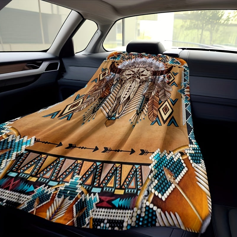 Native American Totem Print Flannel Throw Blanket Reversible All-Season Bedspread for Camping and Cozy Naps