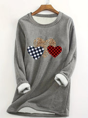 Women's Fleece Pullover with Leopard Checkered Heart Design Cozy Long Sleeve Top