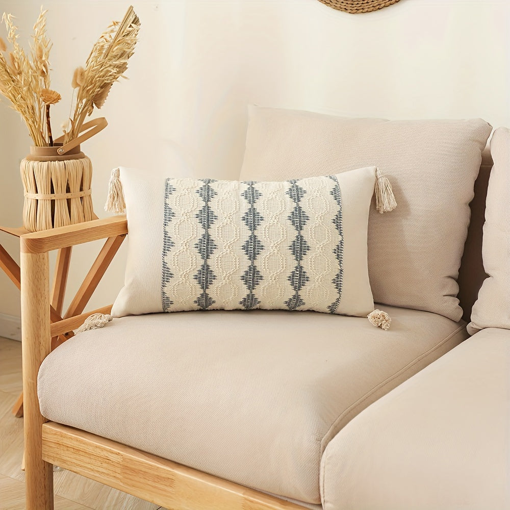 Bohemian Fringe Pillow Cover Geometric Pattern Orange Beige White Cushion Case for Sofa Decor