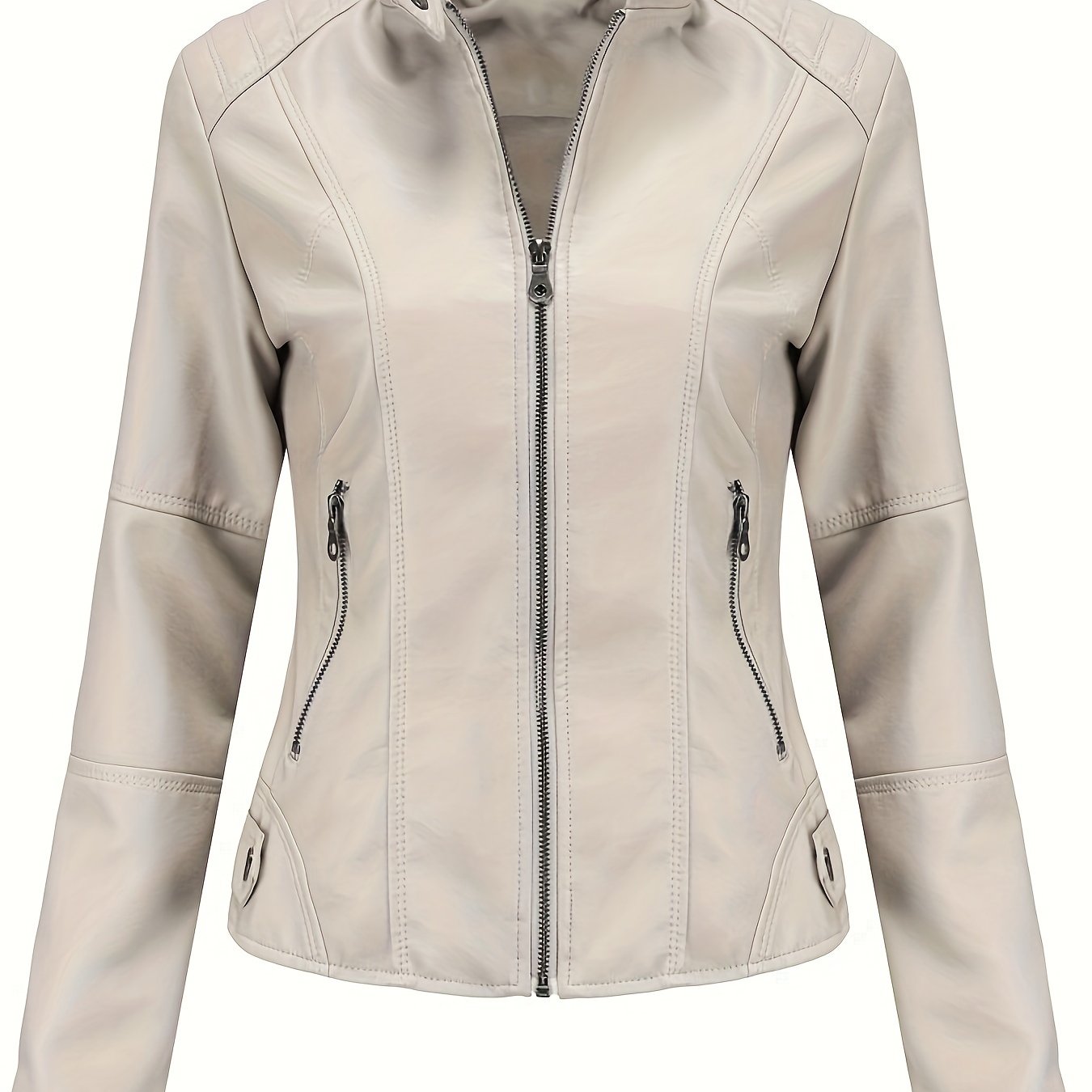 Women's Beige Biker Style Jacket for Spring Fall Zipper Stand Collar Pockets