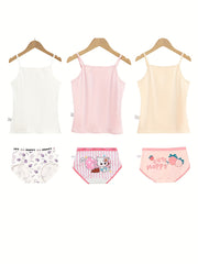 Girls Cotton Underwear Set 3-Piece Cartoon Tank Tops and Briefs All-Season Breathable Comfort