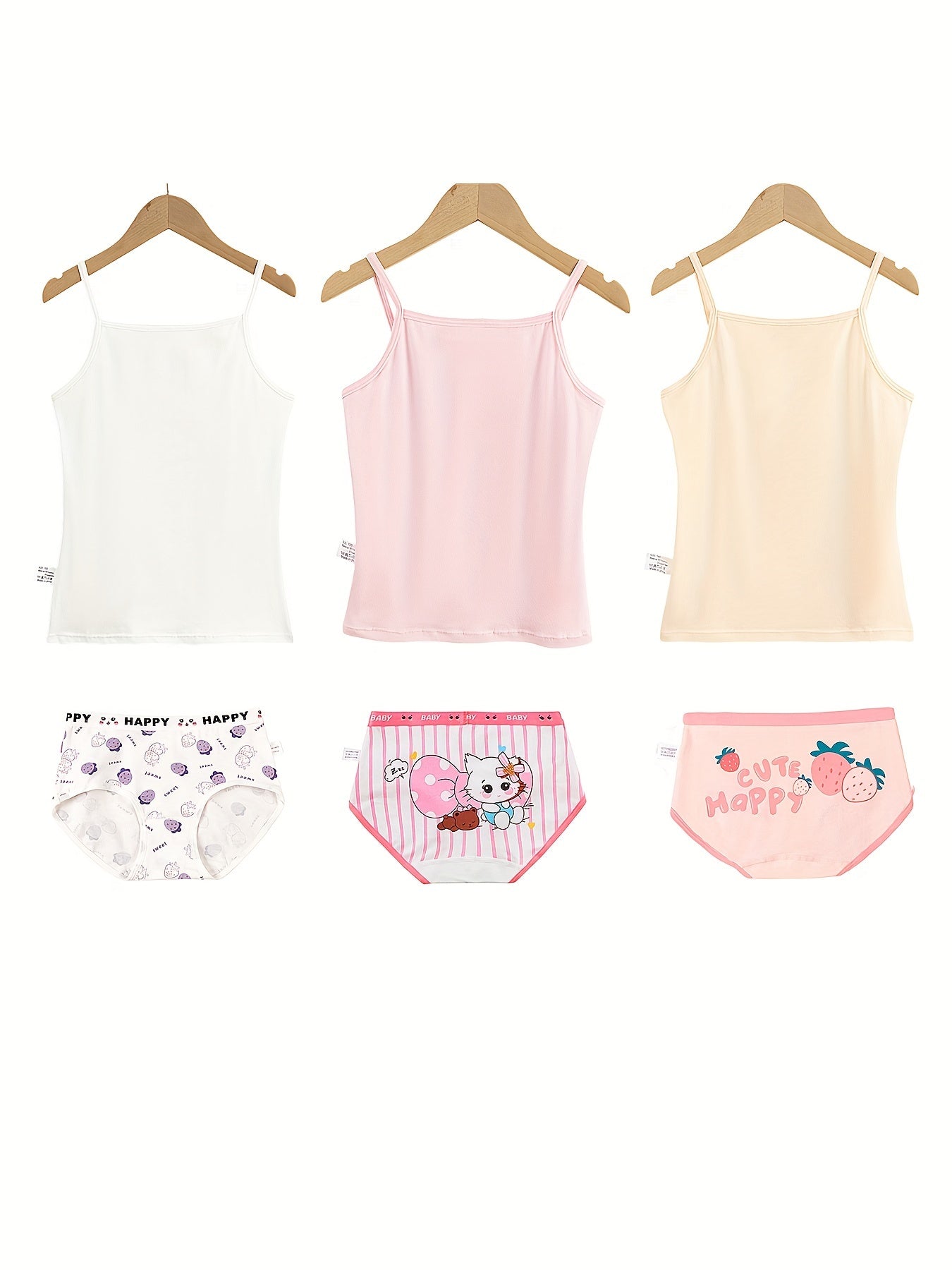 Girls Cotton Underwear Set 3-Piece Cartoon Tank Tops and Briefs All-Season Breathable Comfort