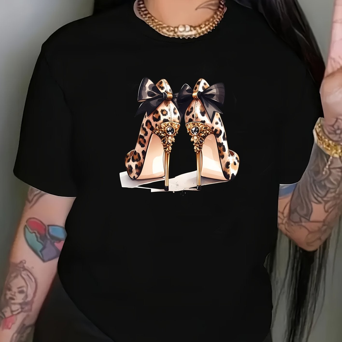 Plus Size Women's Leopard Print Short Sleeve T-Shirt White Casual Summer Wear