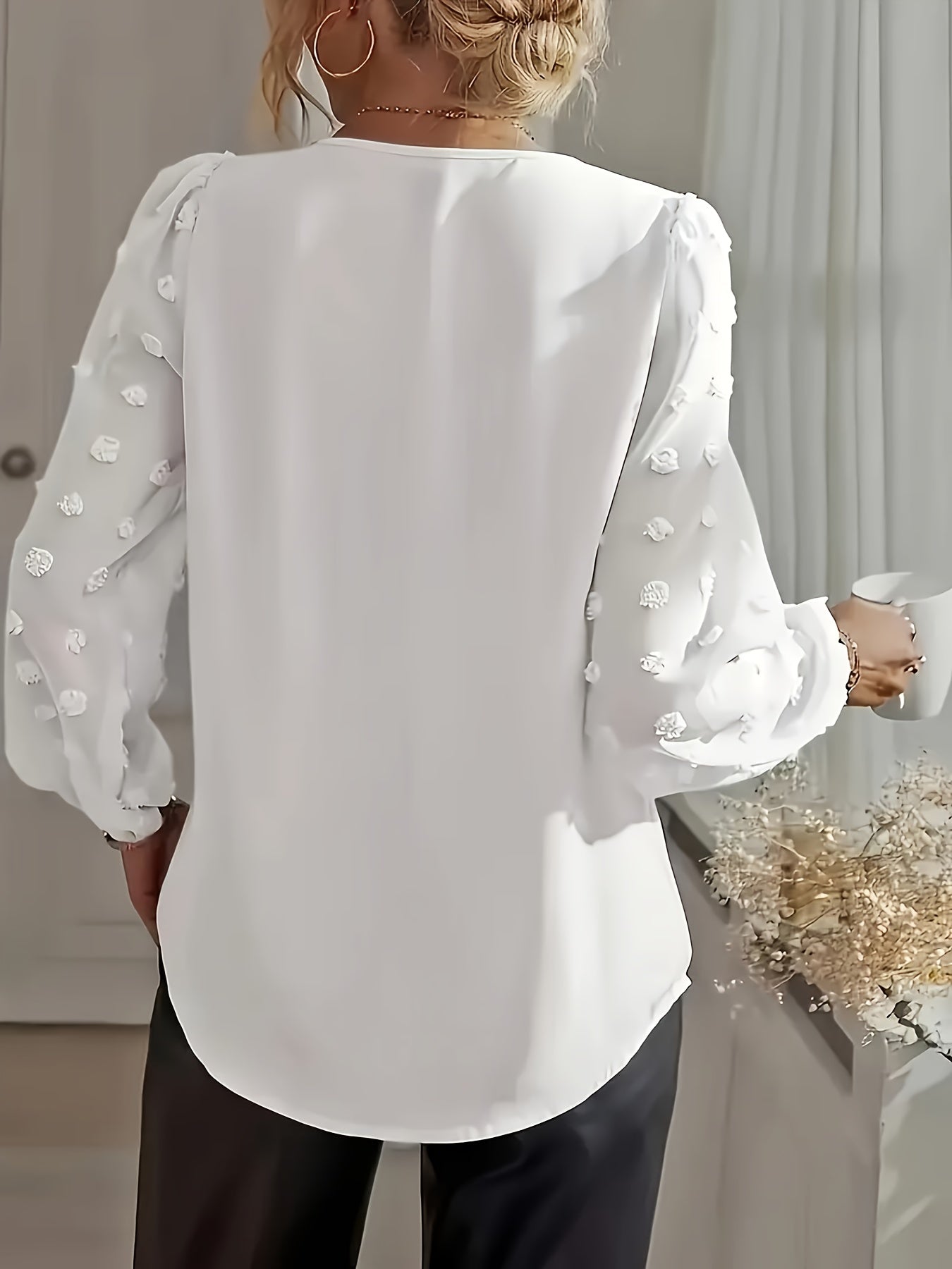 Women's V-Neck Shirt with Pom Pom Details Plus Size Long Sleeve Polyester