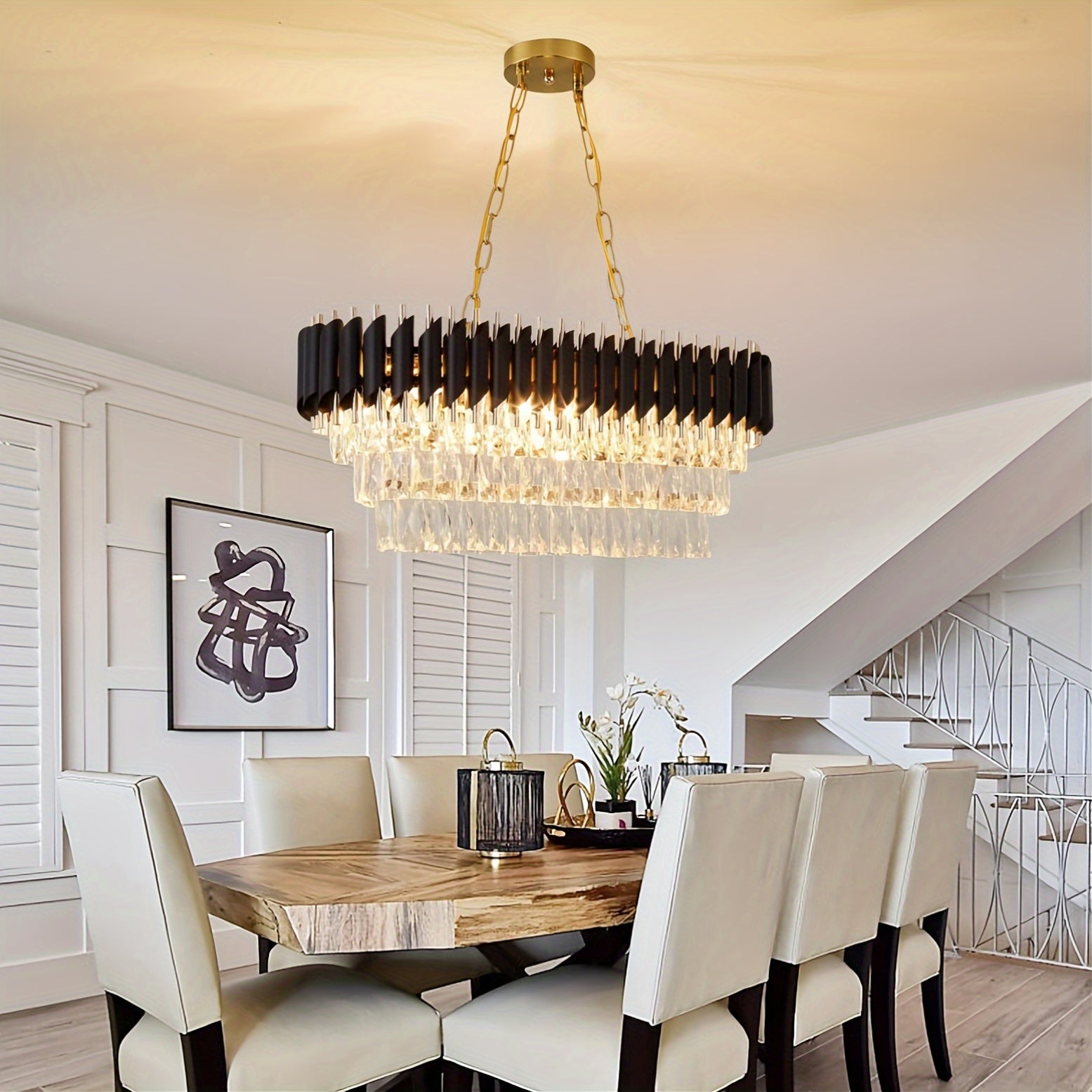 8-Chiroyli qora va oltin chandalier oshxona oroli uchun, ovqat xonasi, 32 dyuymli oval yarim yopiq o'rnatish