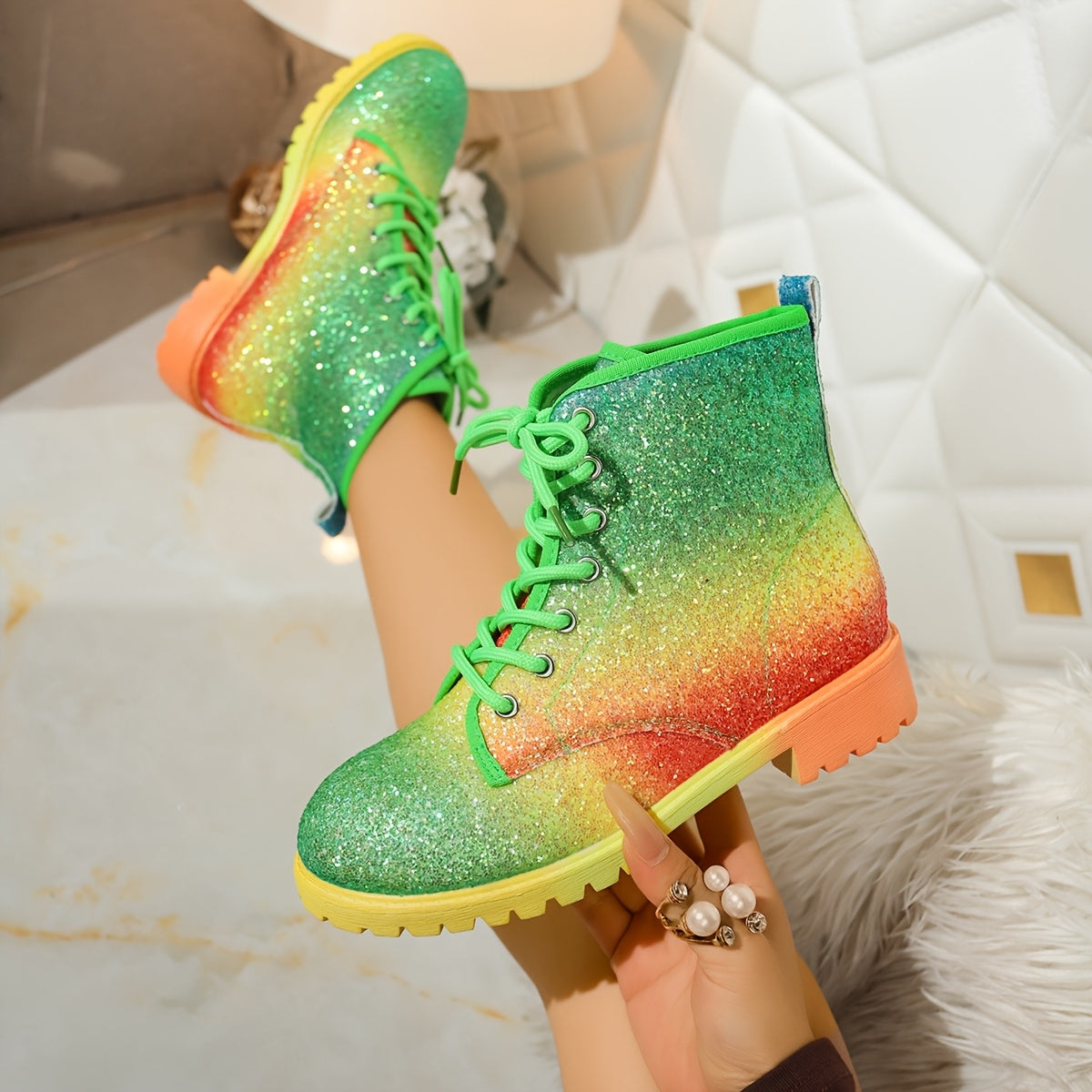 Women's Colorful Gradient Print Platform Ankle Boots with Glitter Accents