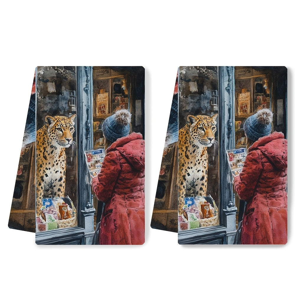 2 ta Ultra Soft oshxona sochiqlari to'plami, xayoliy leopard, inson bilan uchrashuv, 40x60 sm