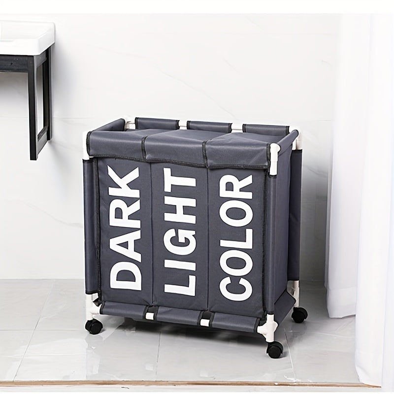 Large Waterproof Laundry Basket with 3 Compartments on Wheels for Home Organization